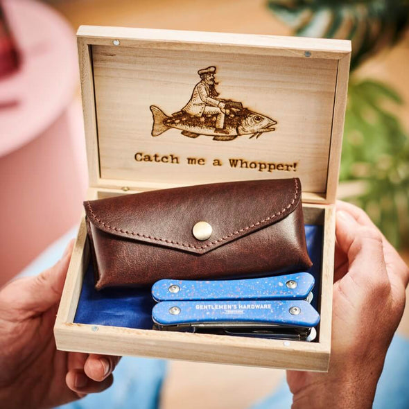 Fishing Gift Box with Personalised Leather Holder and Fishing Tool