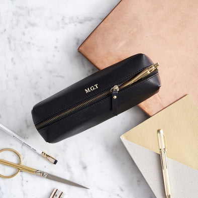 Personalised pencil case in black leather with gold embossing