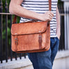 Leather laptop bag with handle in tan