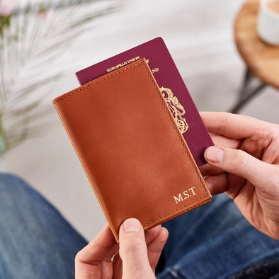 Personalised passport cover in tan leather
