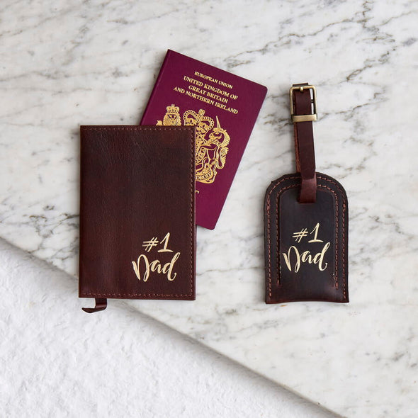 Dark brown dads mens travel set gift passport cover and luggage tag