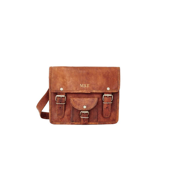 Mini Leather Satchel with Front Pocket embossing position front flap