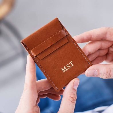 Tan card holder with flap