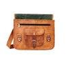 Satchel with front pocket and handle embossing position under front flap