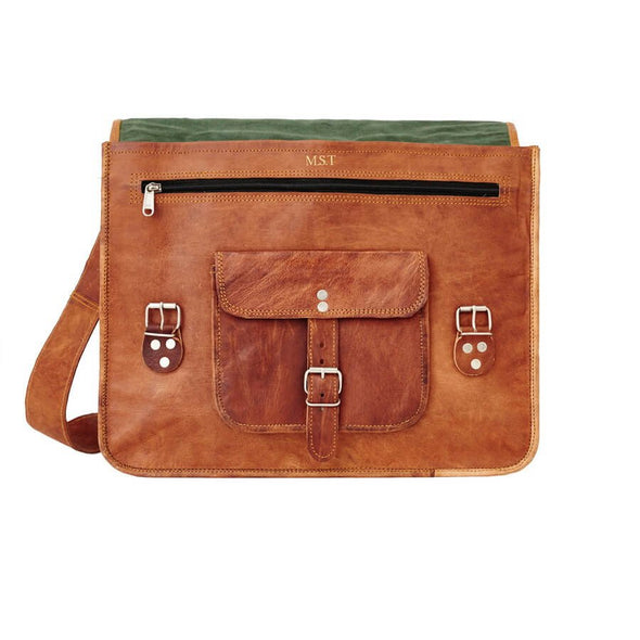 Mens Classic Leather Satchel with embossing under flap