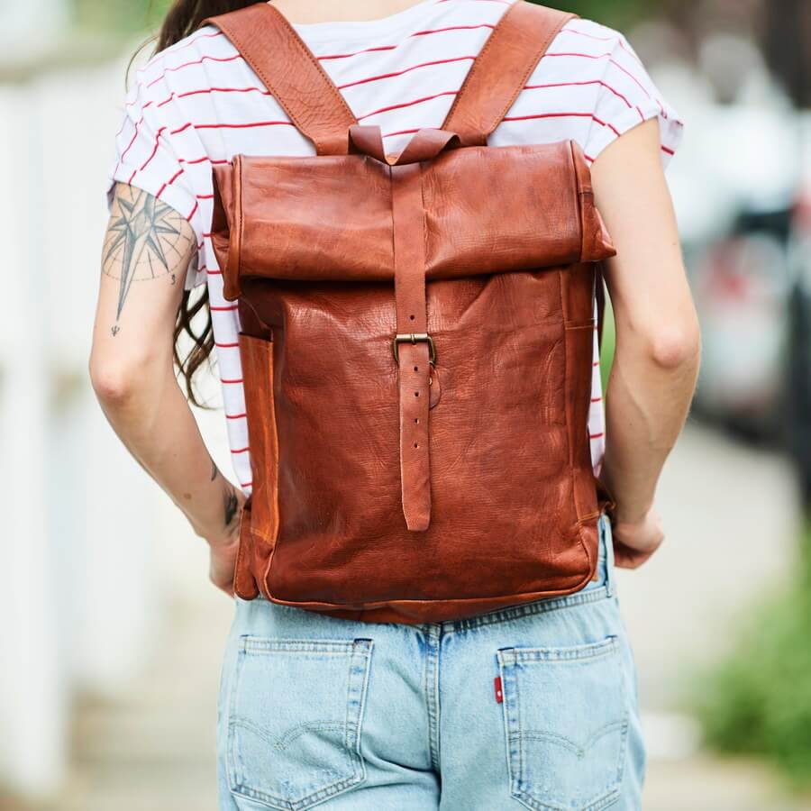 Vintage PU Leather Women's Backpack - Small Brown Daypack For Hiking, Cycling, Camping & Daily Use - View #3