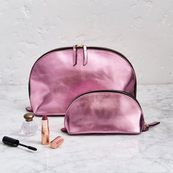 Metalic pink make up and wash bag in real leather