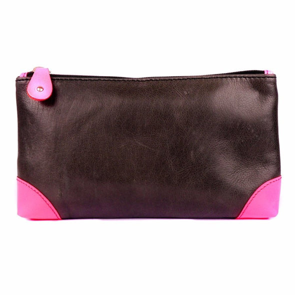 Navy and Neon Pink Leather Make up Bag