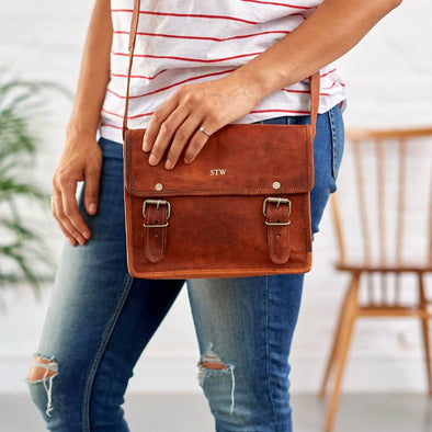 Mini leather satchel with initials embossed