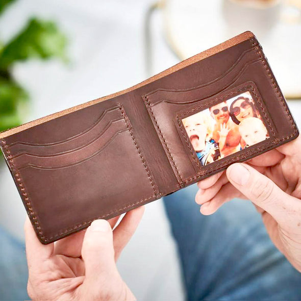 Personalised Leather Card Wallet With Metal Photo Card