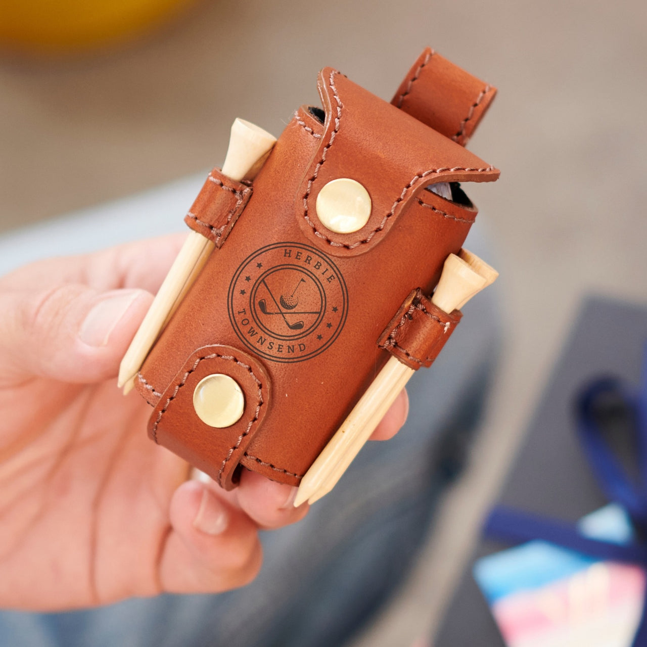 Graphic Leather 2 Golf Ball And Tee Holder with Wooden Tees