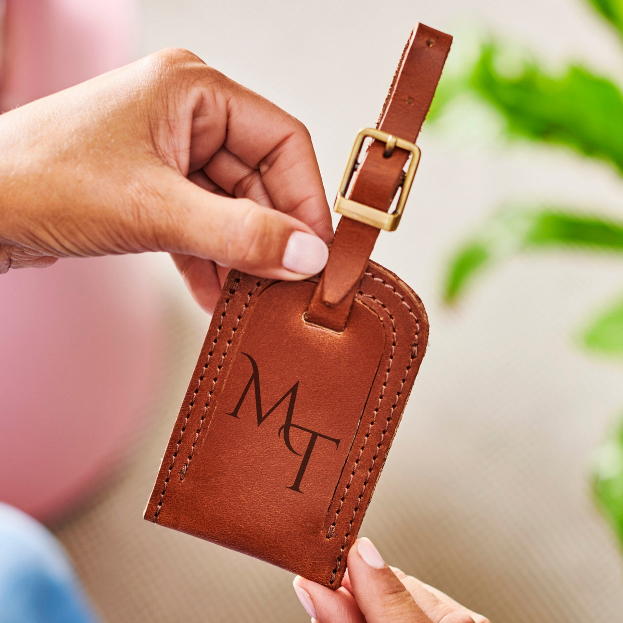 Engraved Initials Leather Luggage Tag