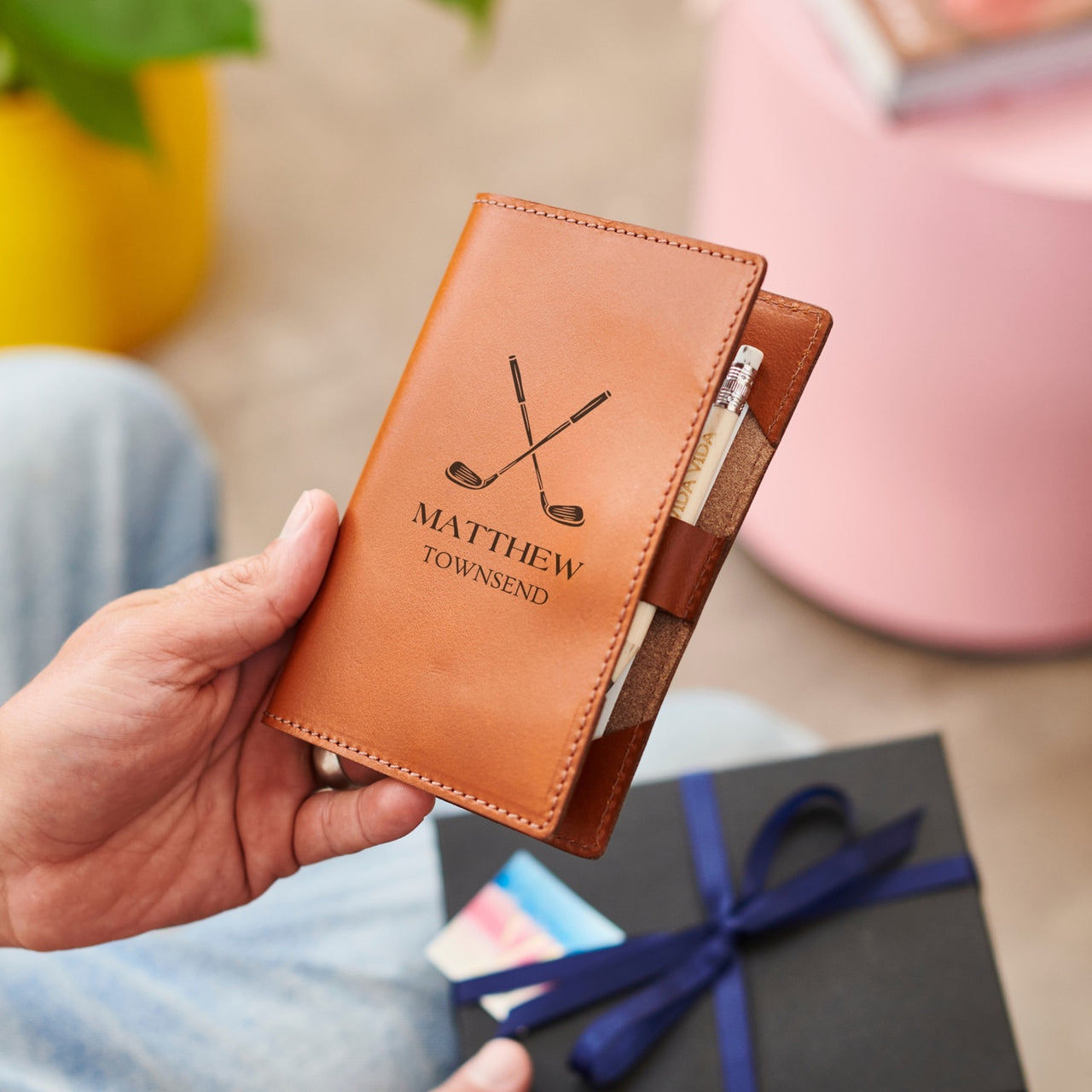 Personalised Full Grain Leather Golf Score Card Holder