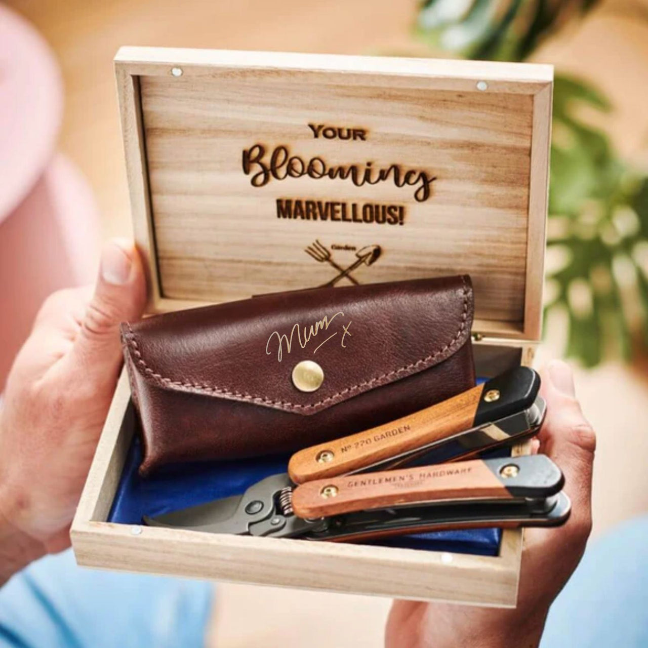 Mum Gardening Gift Box with Personalised Leather Holder and Gardening Tool