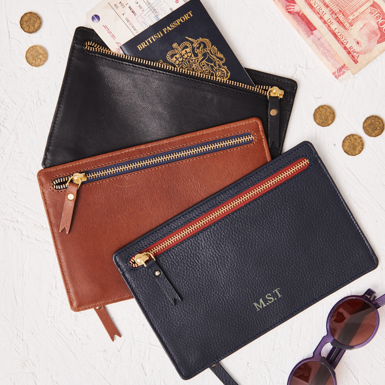 Personalised Double sided Zip Leather Travel Wallet
