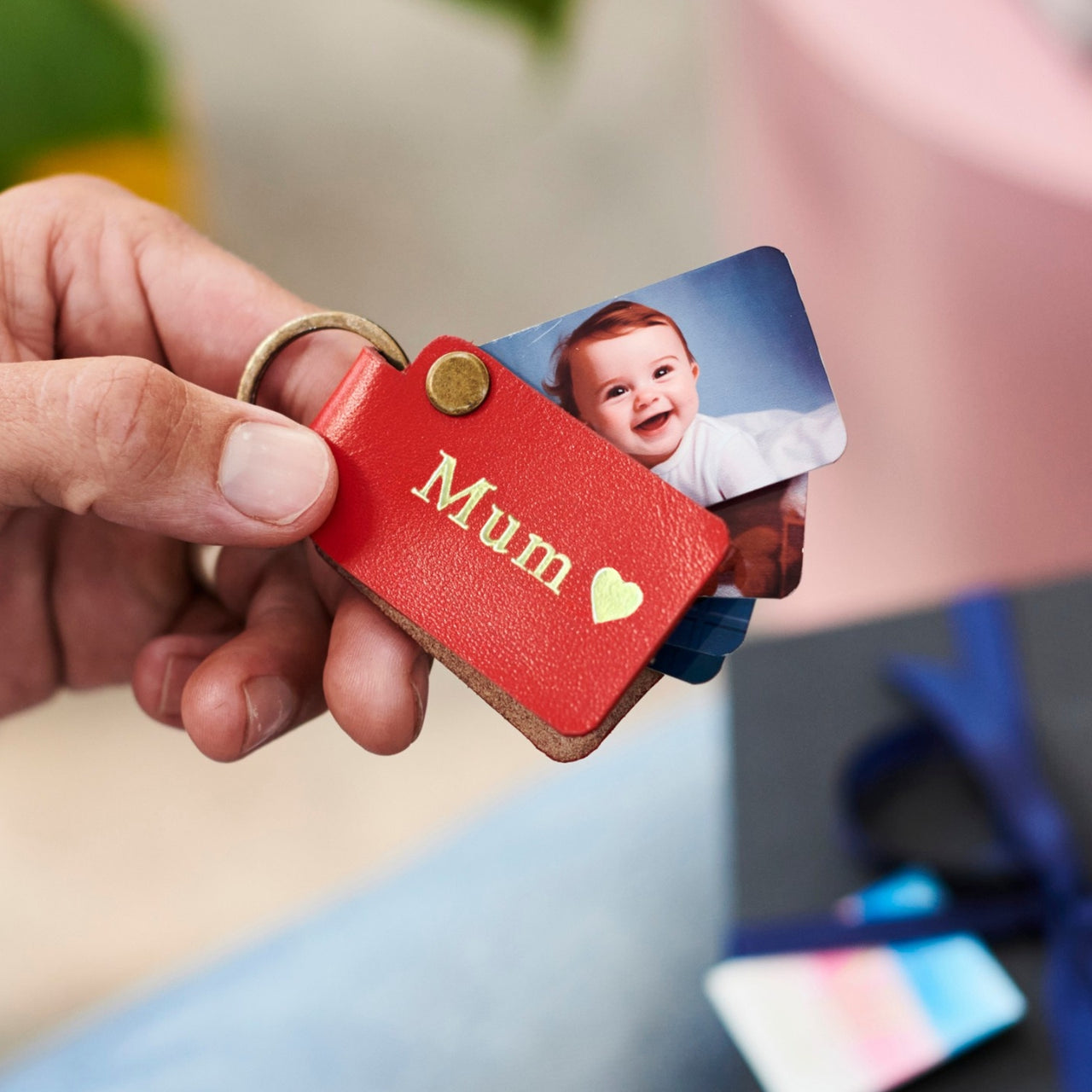 Personalised Leather Key Ring With 4 Photo Cards For Mum
