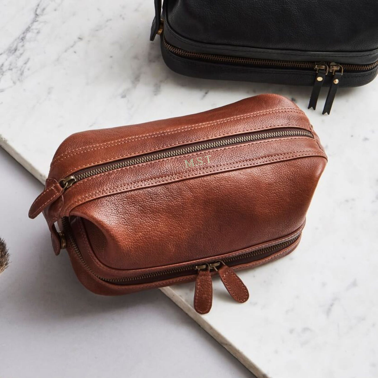 Leather Wash Bag with Zip Bottom