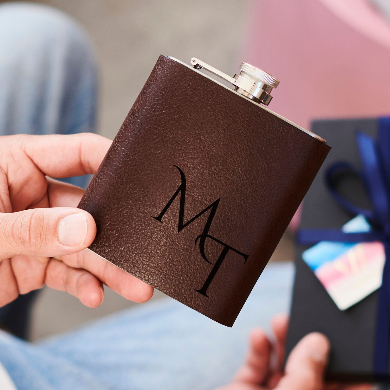 Engraved Initials Leather Covered Stainless Steel Hip Flask