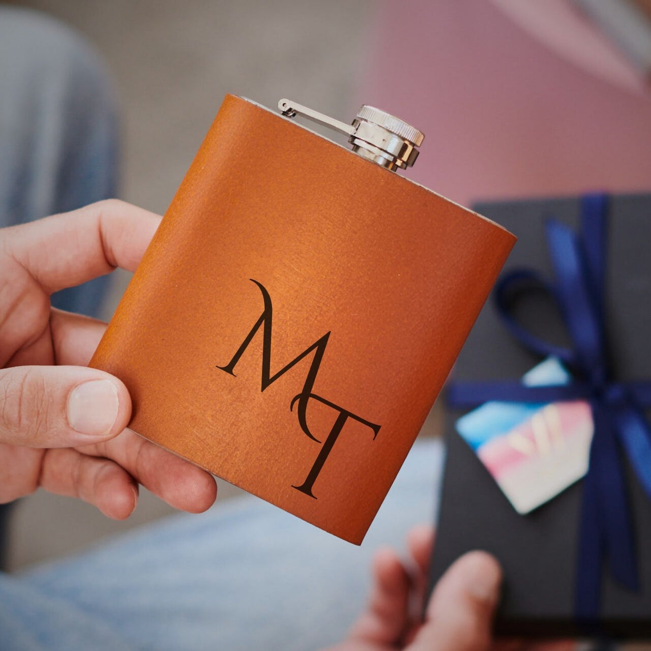 Engraved Initials Leather Covered Stainless Steel Hip Flask