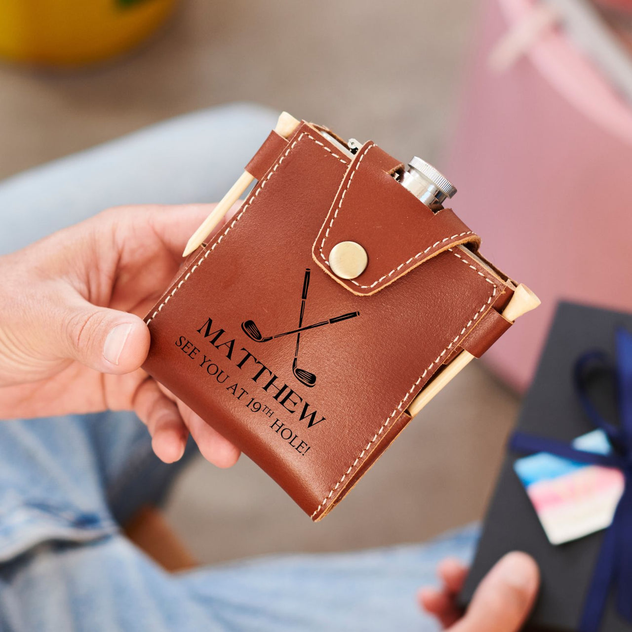 Personalised Leather Golf Logo Hip Flask