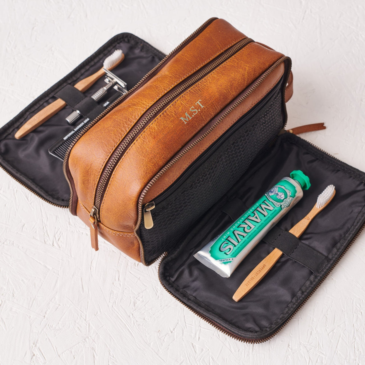 Fold Out Full Grain Leather Wash Bag with Personalisation