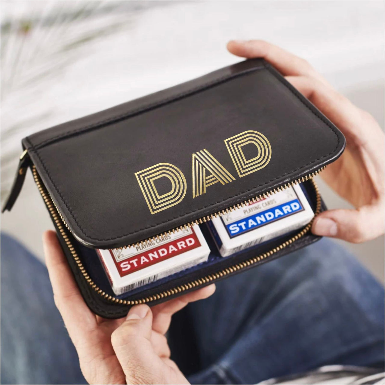 Dad Leather Playing Card Holder With Cards