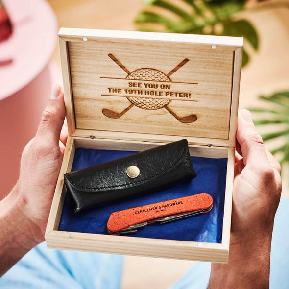 Golfer Gift Box with Personalised Leather Holder and Golf Tool