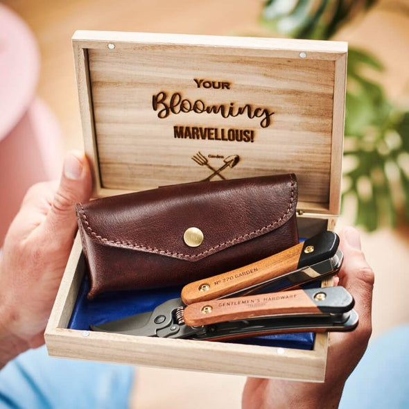 Gardening Gift Box with Personalised Leather Holder and Gardening Tool