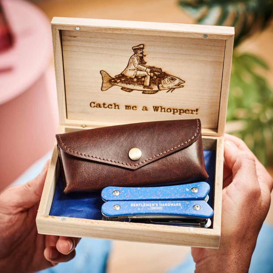 Fishing Gift Box with Personalised Leather Holder and Fishing Tool