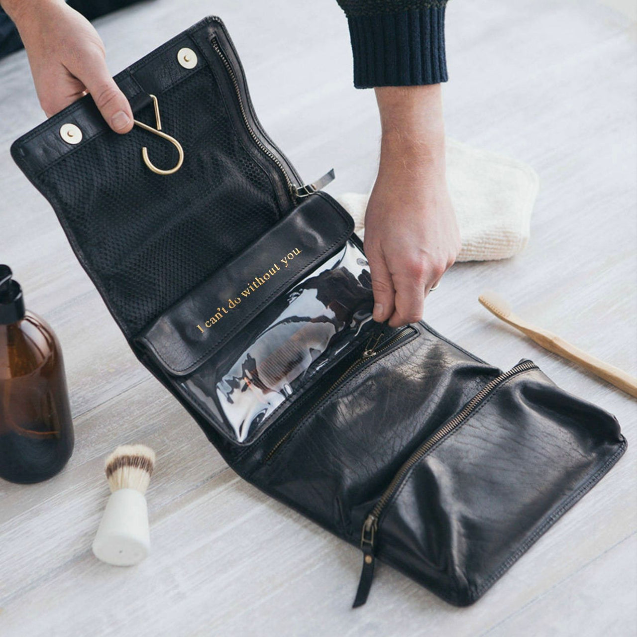 Personalised Valentines Leather Hanging Wash Bag