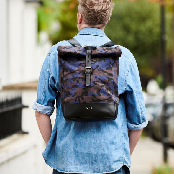 Roll-top Camo Canvas and Leather Backpack