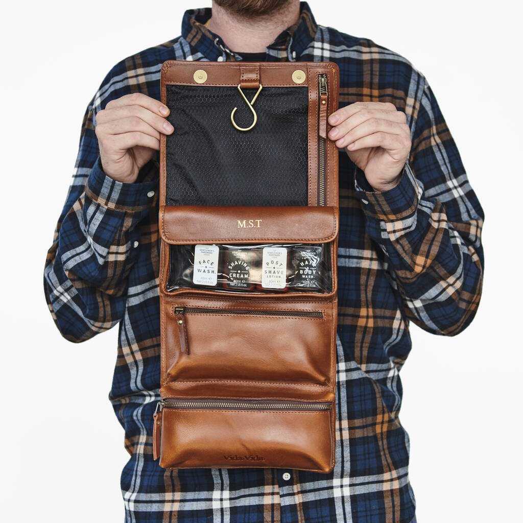 Personalised Leather Hanging Wash Bag for Men