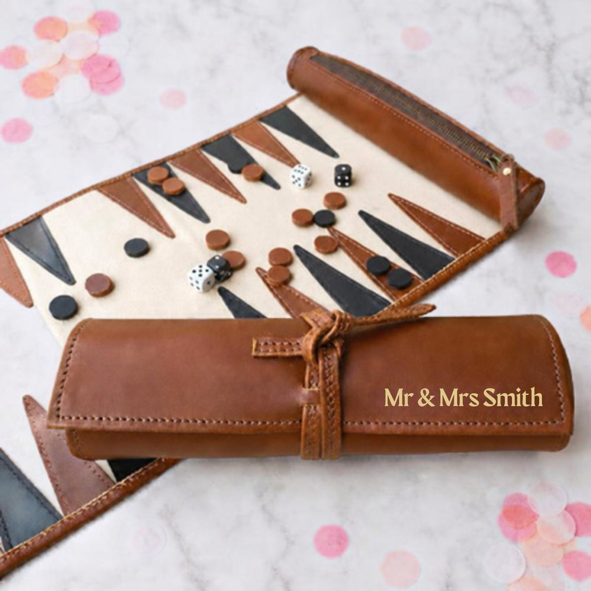 Couples Personalised Leather Wedding Travel Backgammon Set