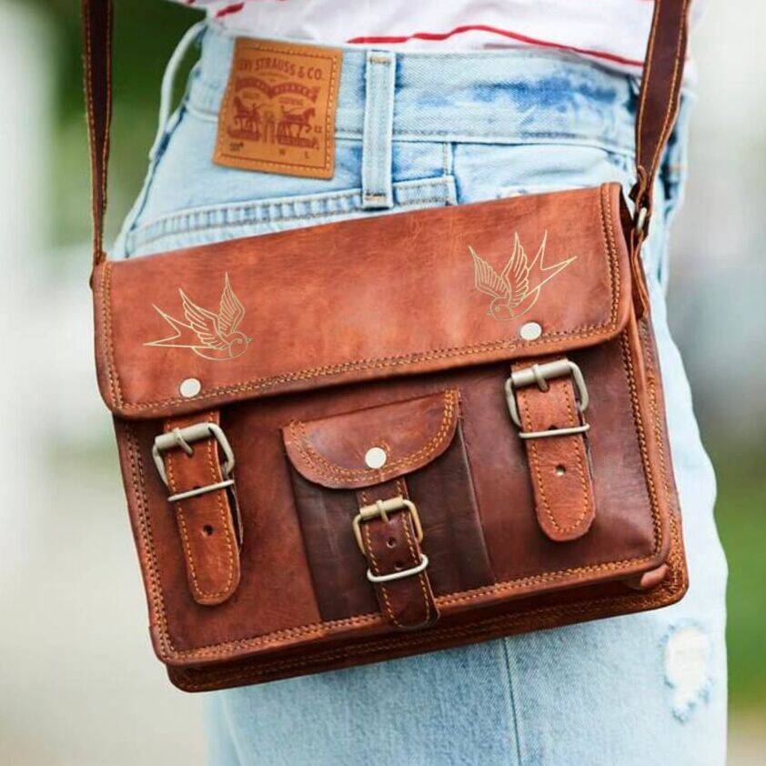 Mini Leather Satchel Cross Body Bag with Swallows