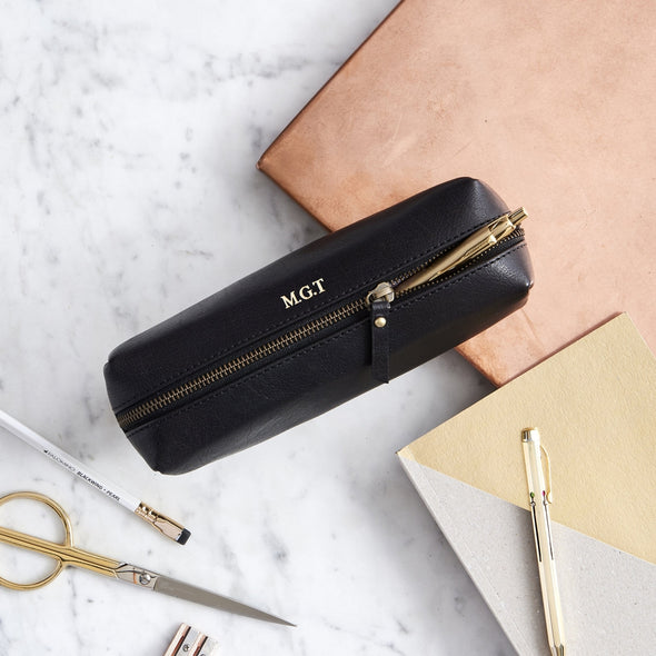 Personalised pencil case in black leather with gold embossing