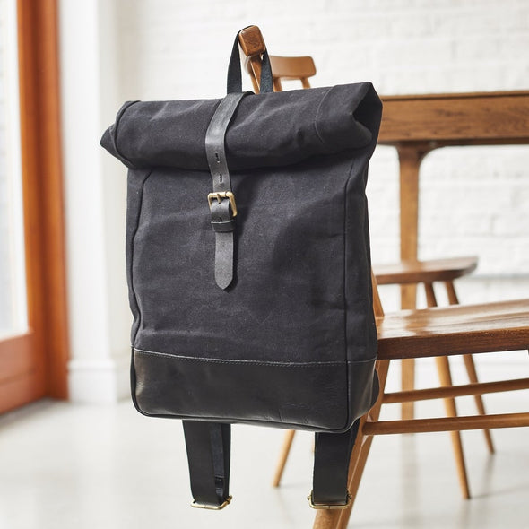 Roll top canvas and leather backpack for men