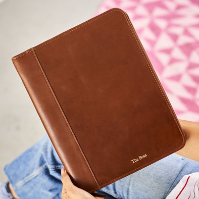 A4 leather document holder in brown with initials