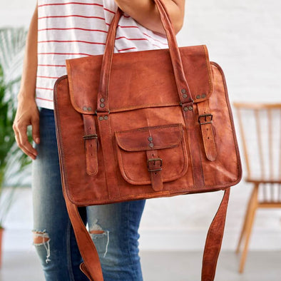 Womens leather overnight bag in tan brown