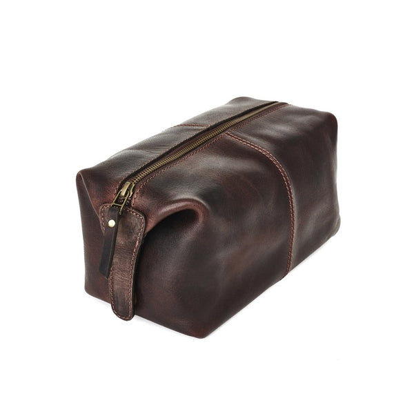 Leather Wash Bag Dark Brown side