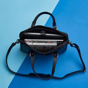 Inside view of black leather laptop briefcase bag