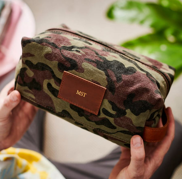 Personalised Camo Canvas and Leather Wash Bag