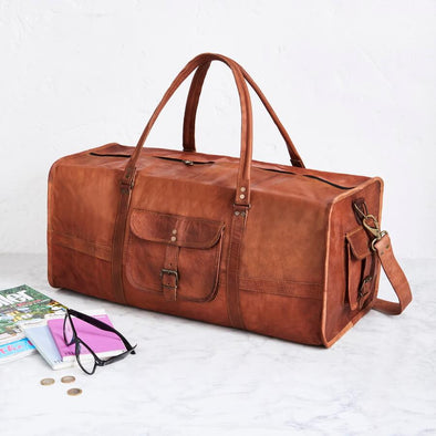 Square end duffel bag in tan leather