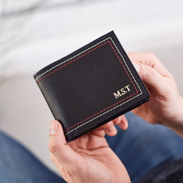 Personalised Black Leather Wallet With Triple Stitch