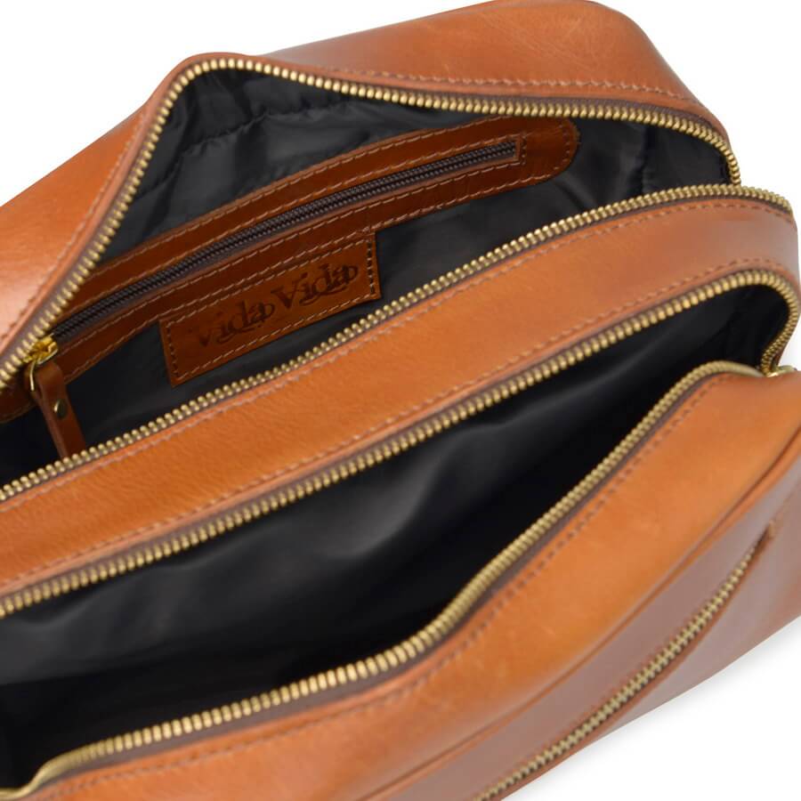Inside view of leather wash bag