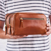 3 zip leather wash bag in tan brown