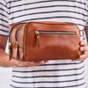 3 zip leather wash bag in tan brown