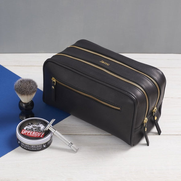 Three Zip Leather Wash Bag Black