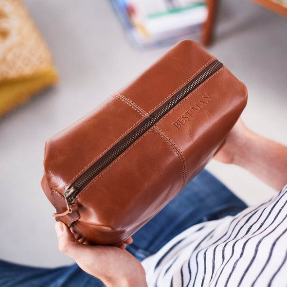 Best man present leather wash bag in brown