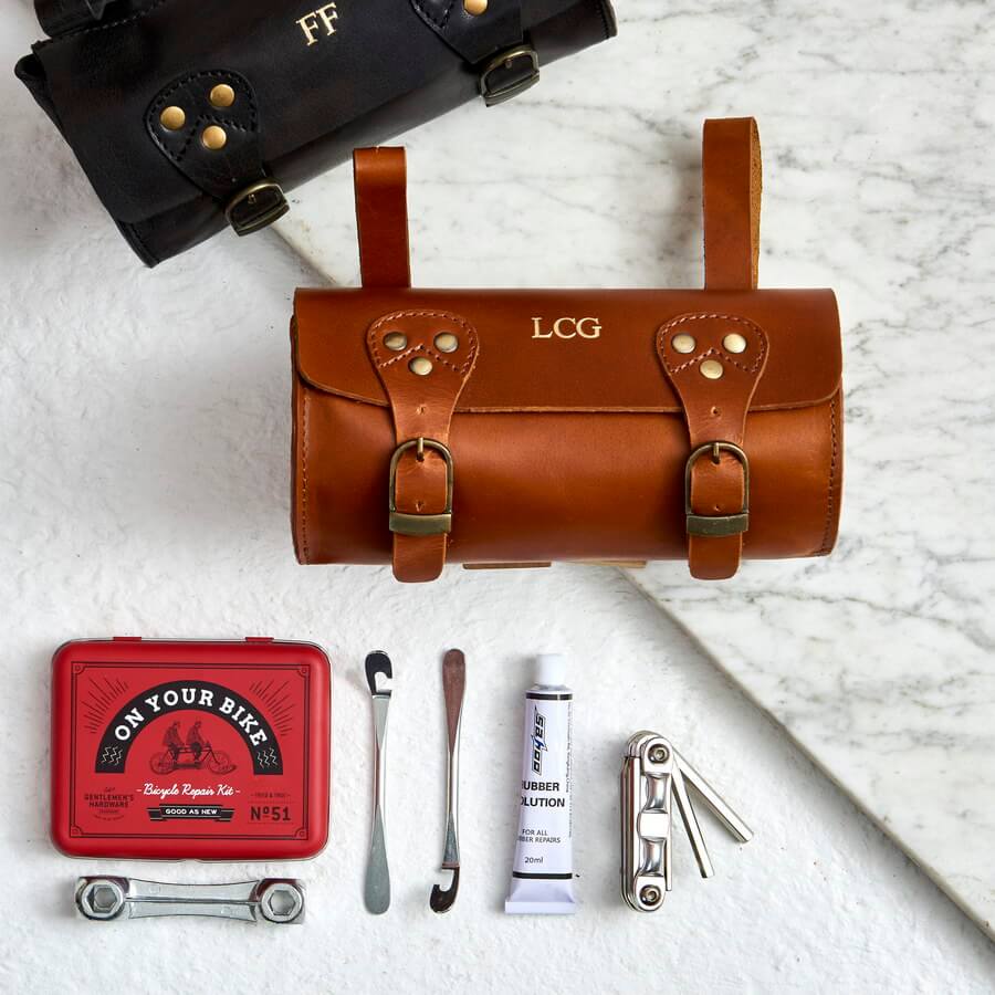 Tan leather saddle bag for bikes