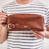 Brown personalised leather wash bag for men
